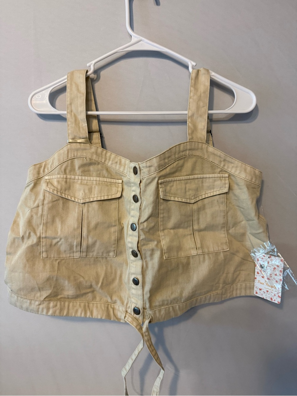 Free People Beige Button-Front Crop Top with Front Pockets